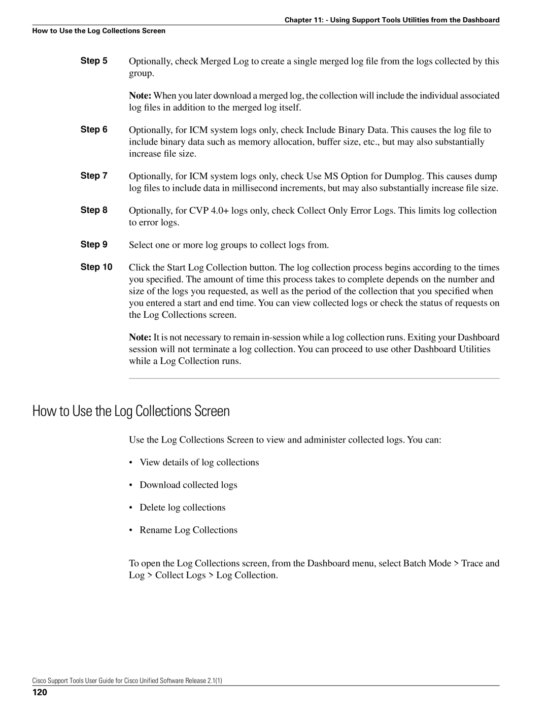 Cisco Systems 2.1(1) manual How to Use the Log Collections Screen, 120 