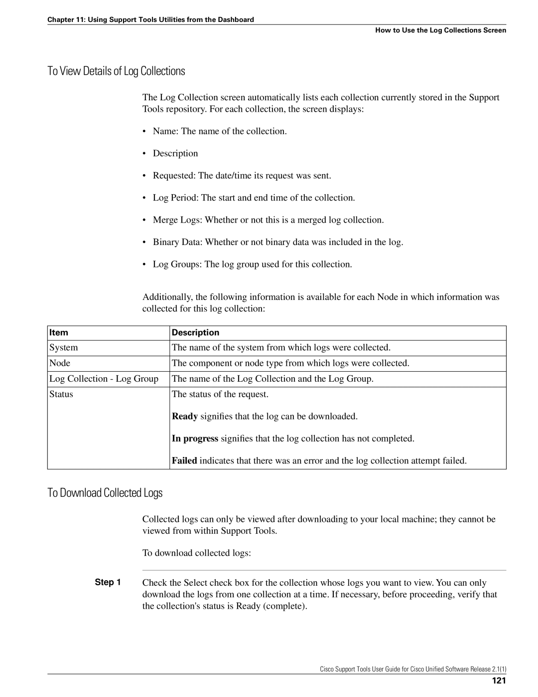 Cisco Systems 2.1(1) manual To View Details of Log Collections, To Download Collected Logs, 121 