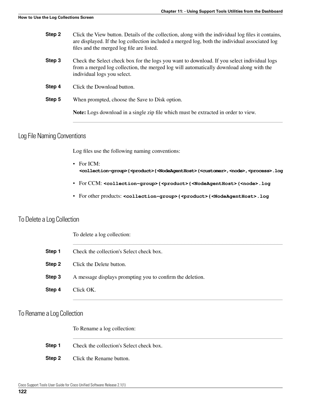 Cisco Systems 2.1(1) manual Log File Naming Conventions, To Delete a Log Collection, To Rename a Log Collection, 122 