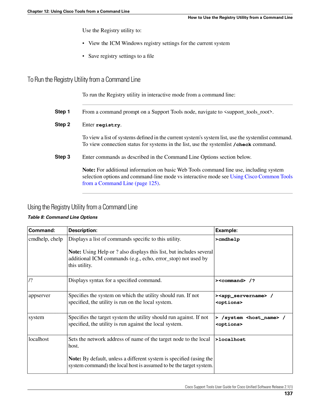 Cisco Systems 2.1(1) To Run the Registry Utility from a Command Line, Using the Registry Utility from a Command Line, 137 