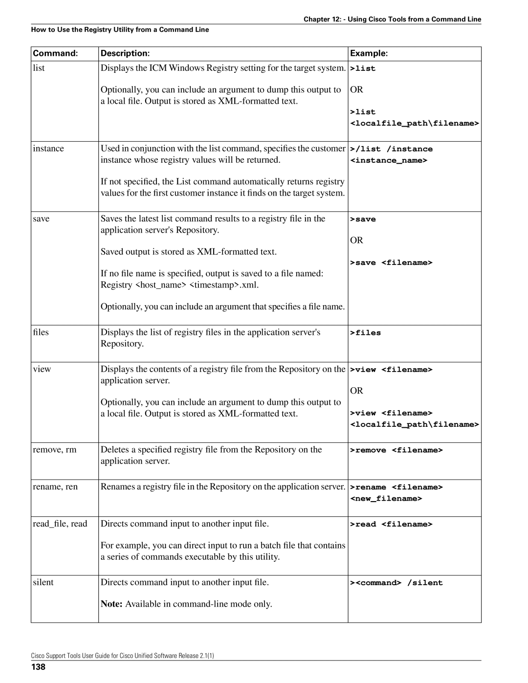 Cisco Systems 2.1(1) manual Instance whose registry values will be returned, Command Description, 138 