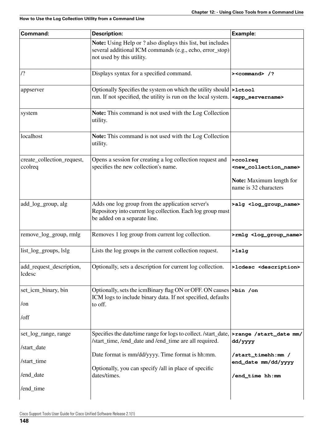 Cisco Systems 2.1(1) manual Ccolreq Specifies the new collections name, Lcdesc Seticmbinary, bin, Endtime, 148 