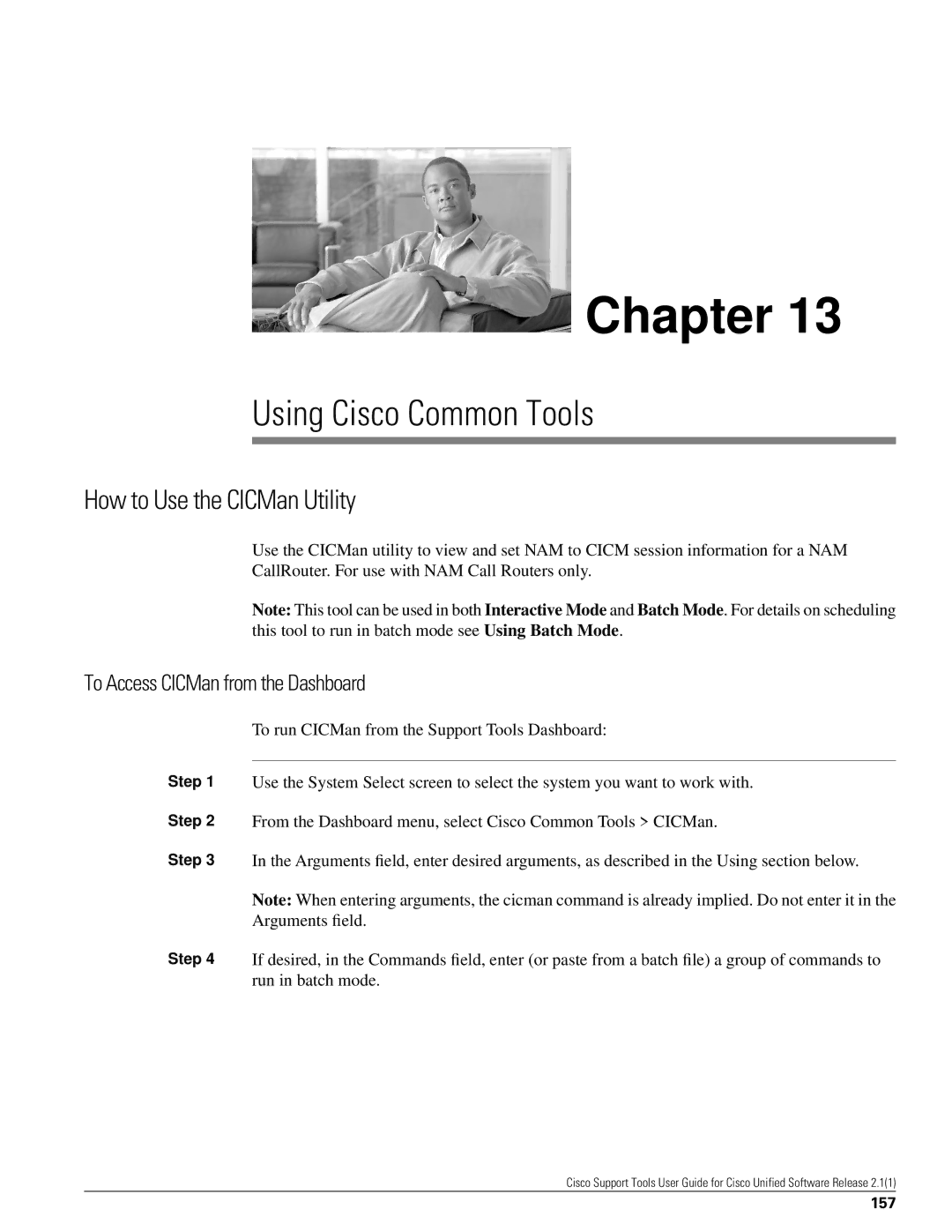 Cisco Systems 2.1(1) Using Cisco Common Tools, How to Use the CICMan Utility, To Access CICMan from the Dashboard, 157 