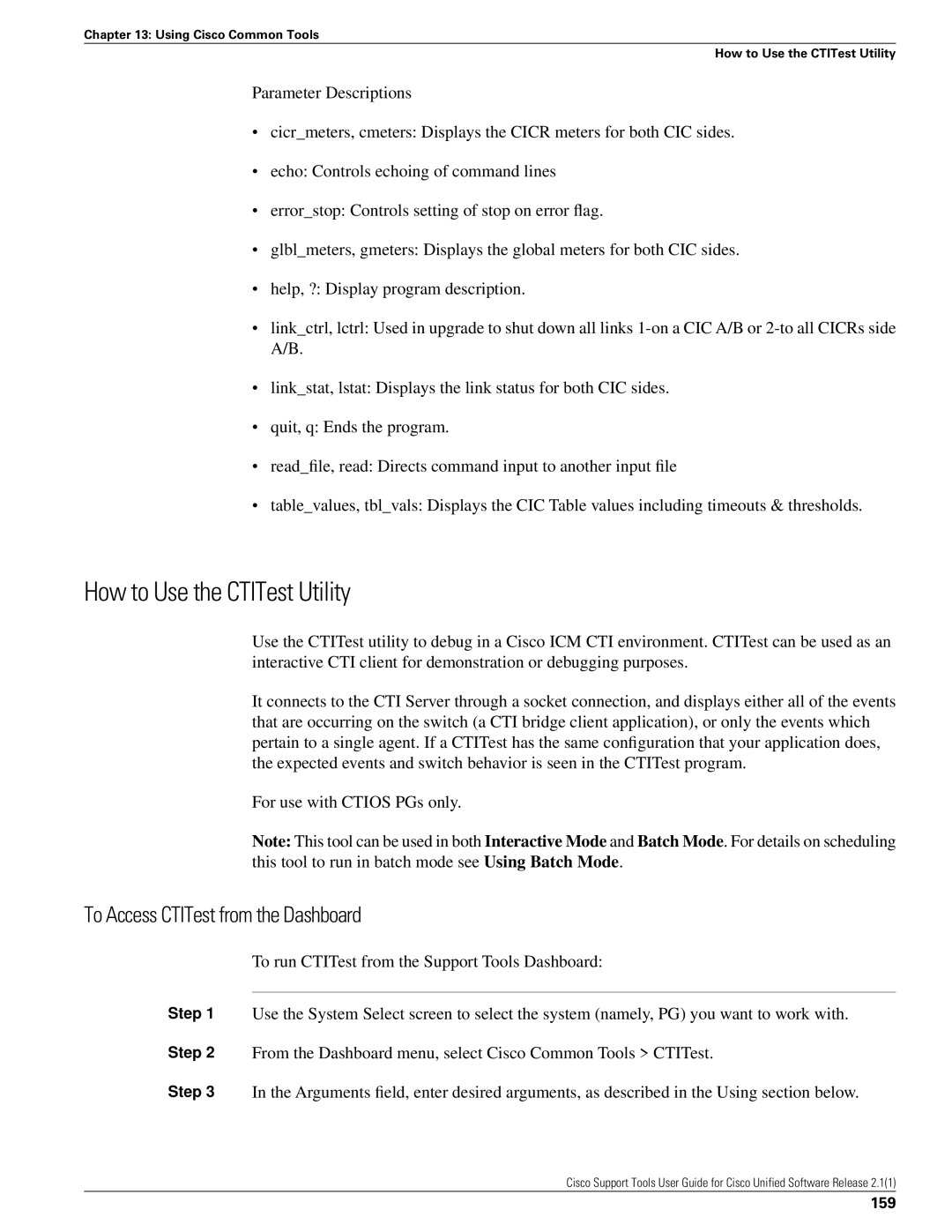 Cisco Systems 2.1(1) manual How to Use the CTITest Utility, To Access CTITest from the Dashboard, 159 