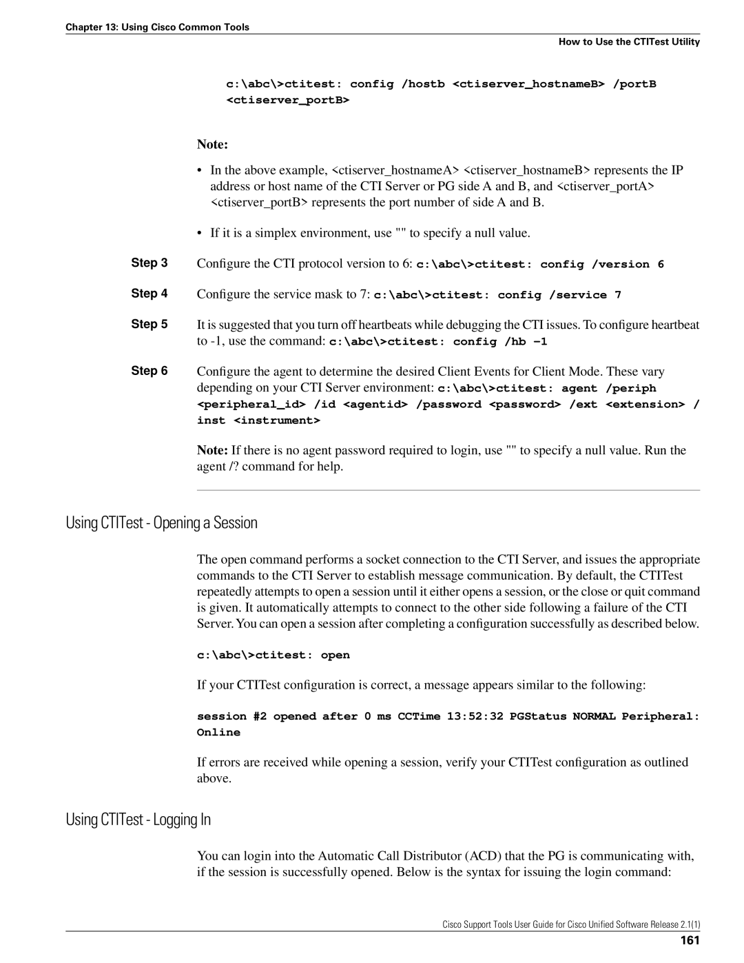 Cisco Systems 2.1(1) manual Using CTITest Opening a Session, Using CTITest Logging, 161 