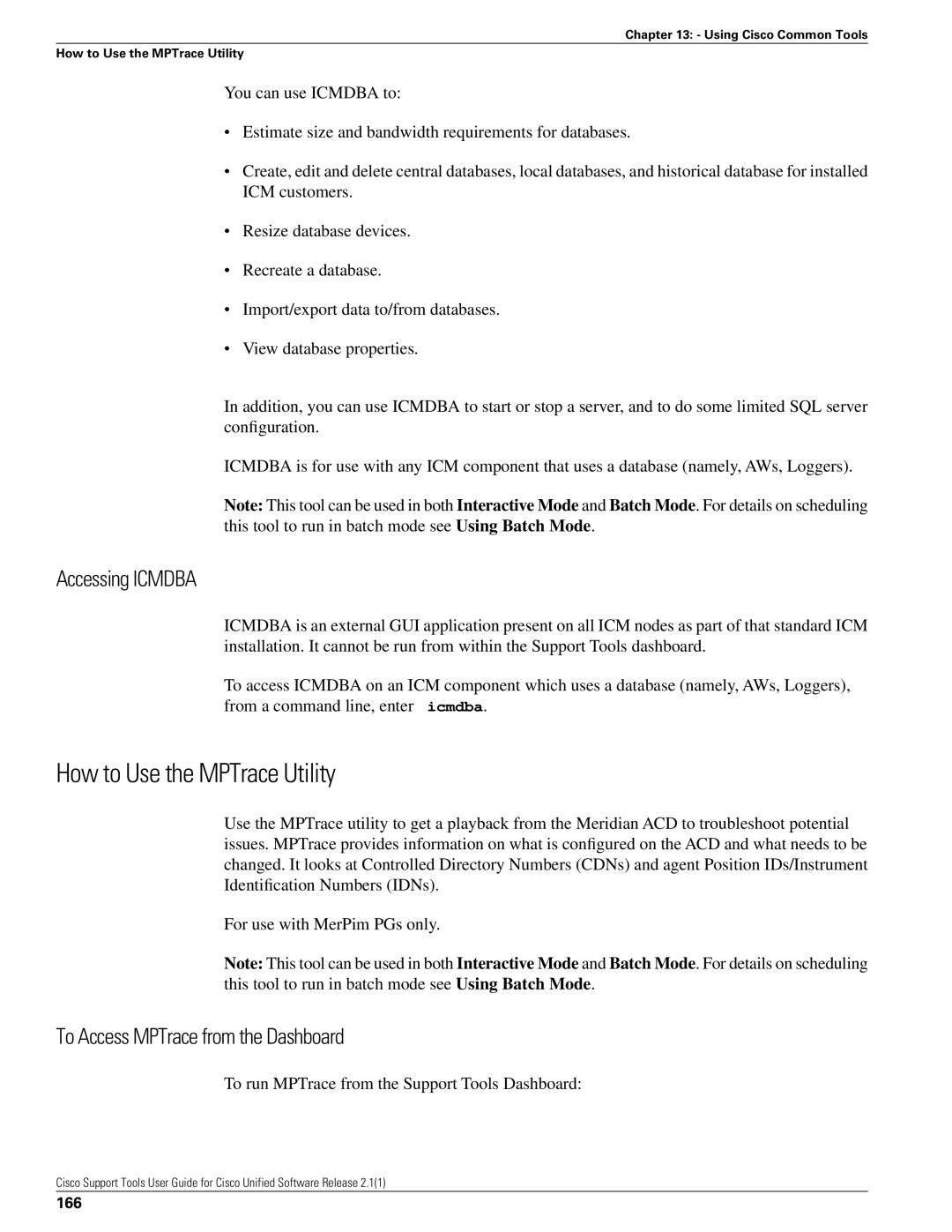 Cisco Systems 2.1(1) manual How to Use the MPTrace Utility, Accessing Icmdba, To Access MPTrace from the Dashboard, 166 