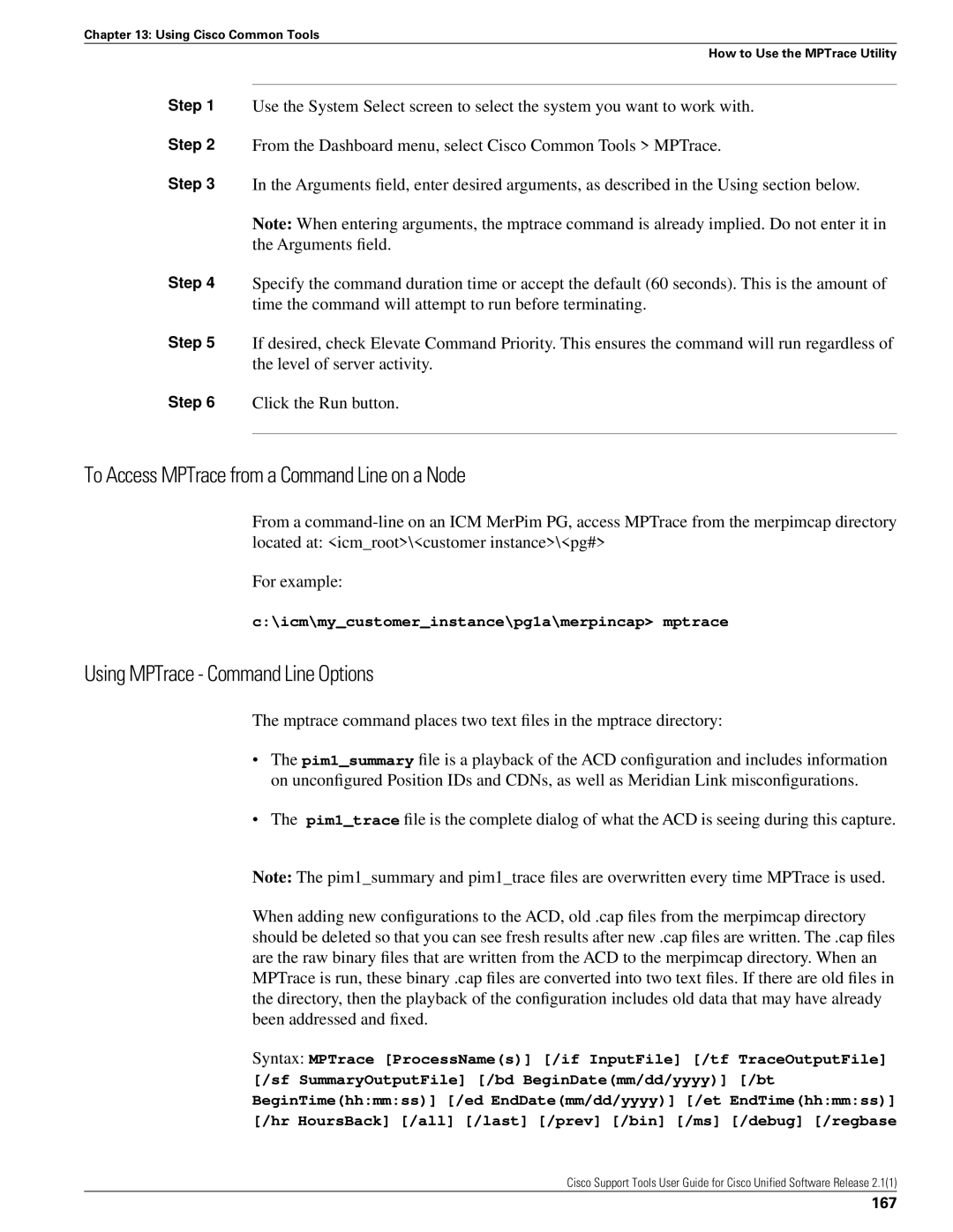 Cisco Systems 2.1(1) manual To Access MPTrace from a Command Line on a Node, Using MPTrace Command Line Options, 167 