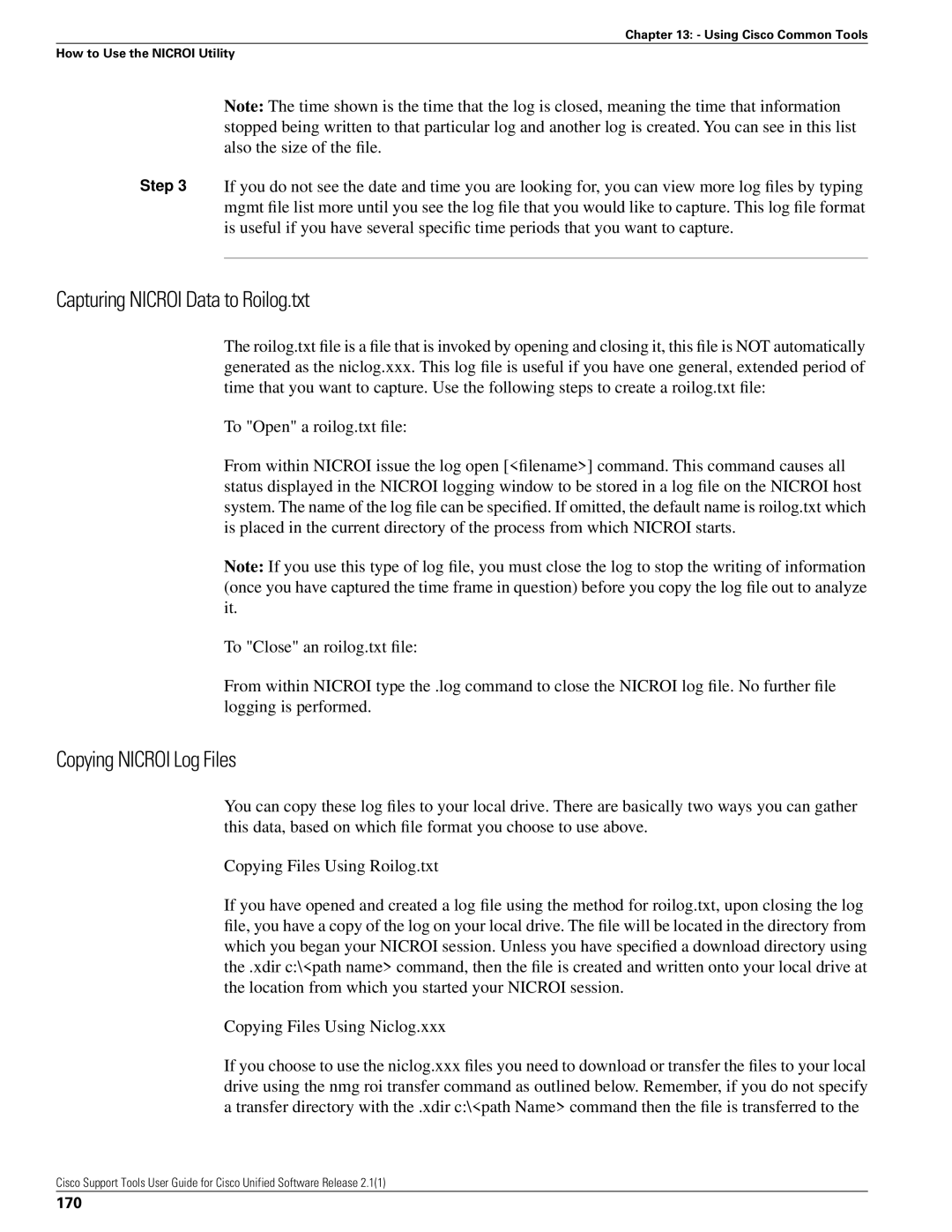 Cisco Systems 2.1(1) manual Capturing Nicroi Data to Roilog.txt, Copying Nicroi Log Files, 170 