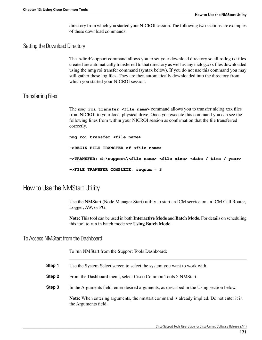 Cisco Systems 2.1(1) manual How to Use the NMStart Utility, Setting the Download Directory, Transferring Files, 171 