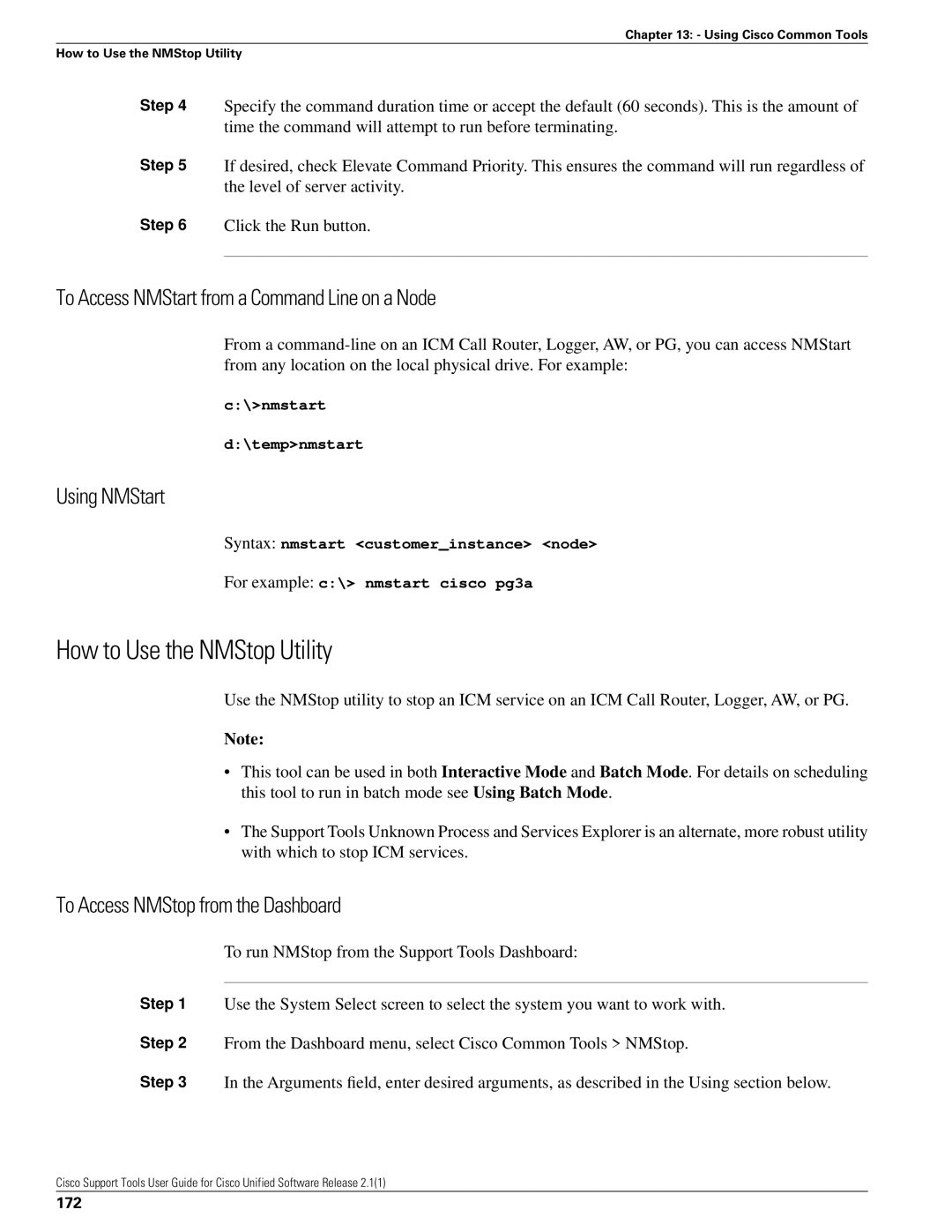 Cisco Systems 2.1(1) How to Use the NMStop Utility, To Access NMStart from a Command Line on a Node, Using NMStart, 172 