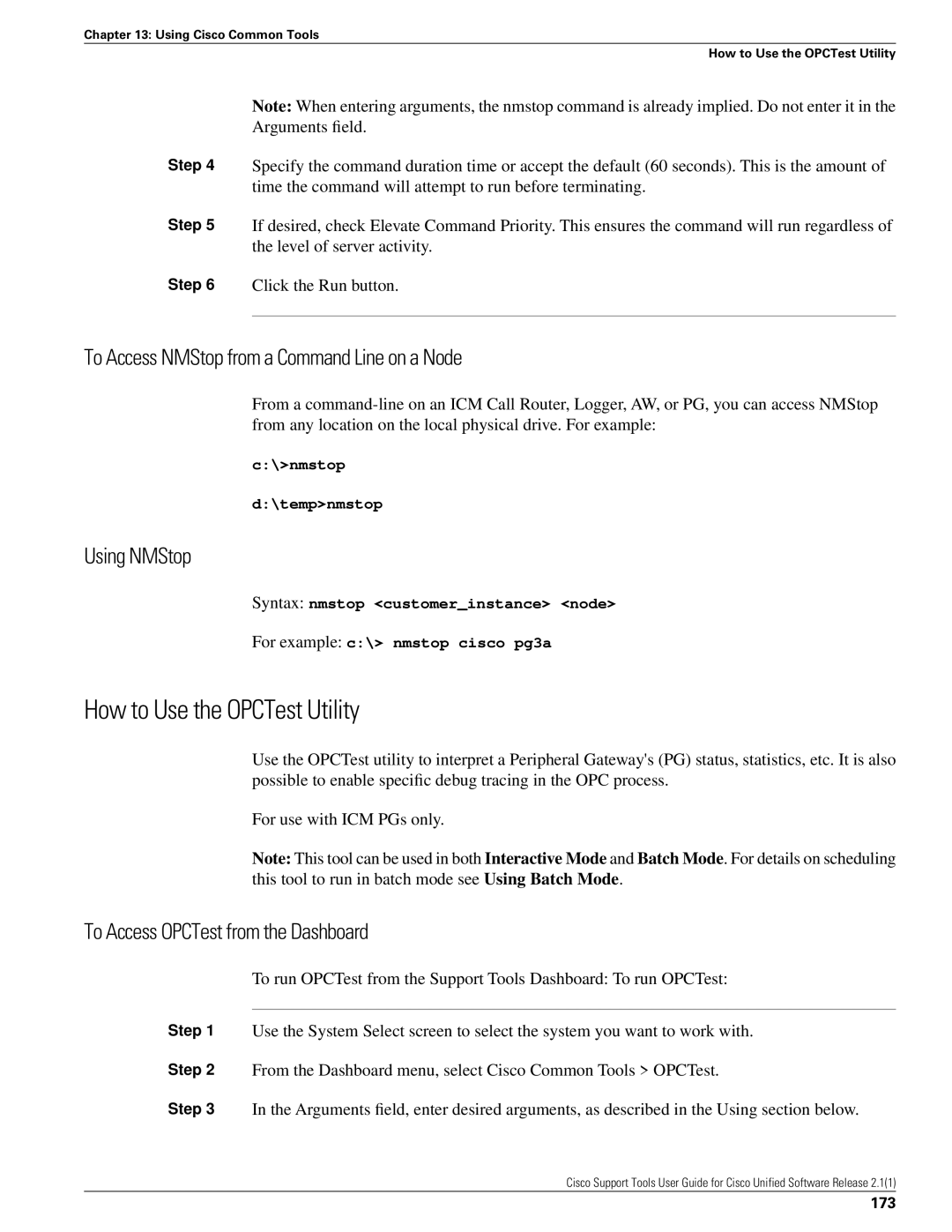 Cisco Systems 2.1(1) How to Use the OPCTest Utility, To Access NMStop from a Command Line on a Node, Using NMStop, 173 