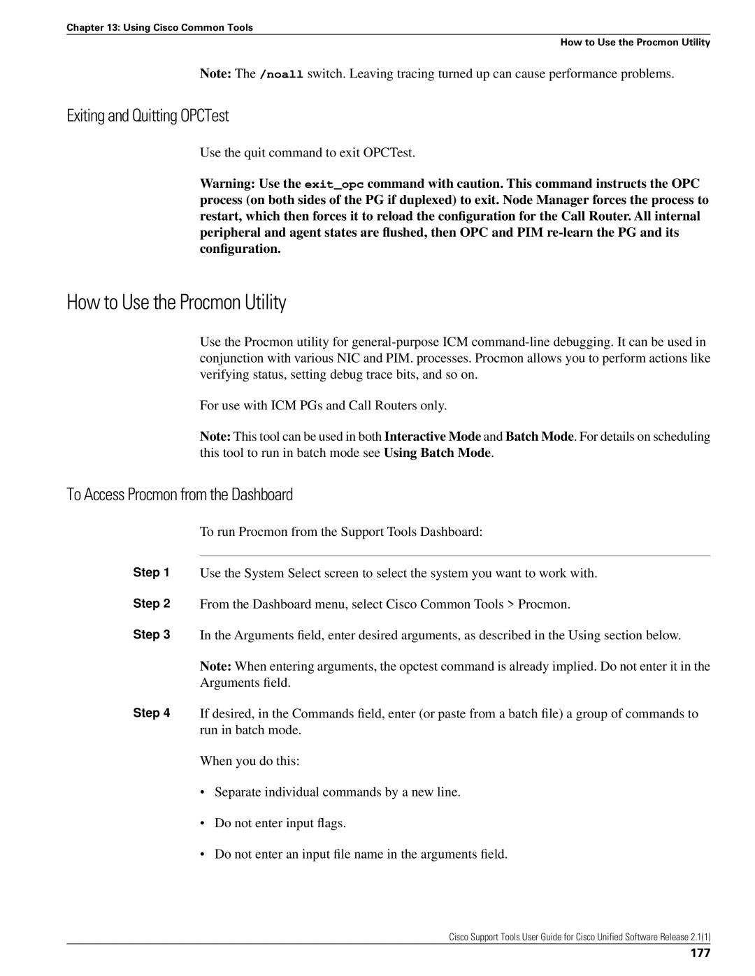 Cisco Systems 2.1(1) How to Use the Procmon Utility, Exiting and Quitting OPCTest, To Access Procmon from the Dashboard 