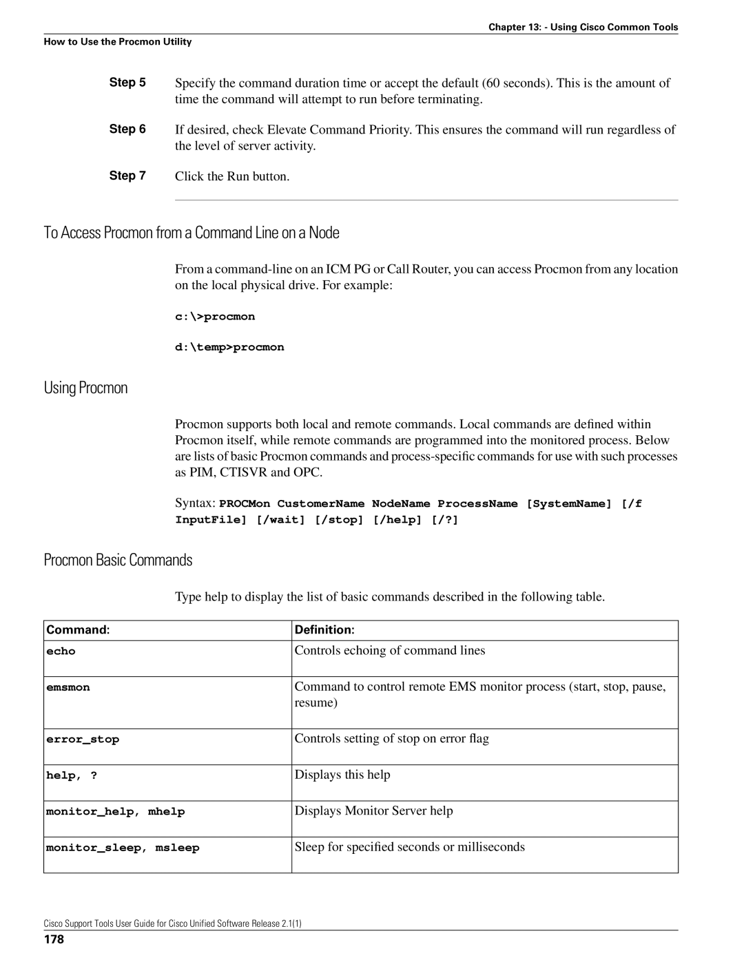 Cisco Systems 2.1(1) manual To Access Procmon from a Command Line on a Node, Using Procmon, Procmon Basic Commands 