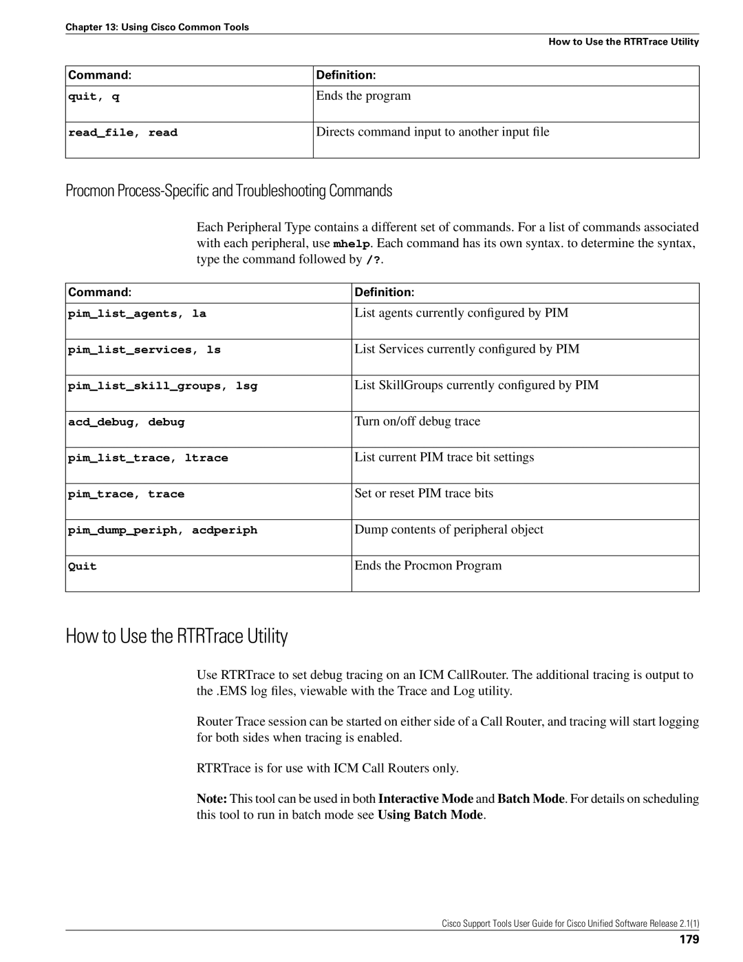 Cisco Systems 2.1(1) manual How to Use the RTRTrace Utility, Procmon Process-Specific and Troubleshooting Commands, 179 