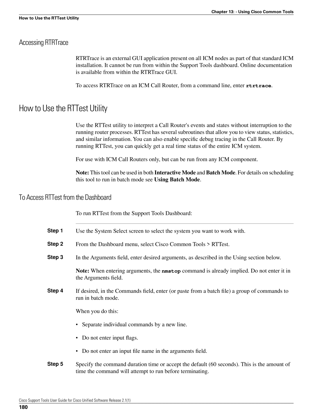 Cisco Systems 2.1(1) manual How to Use the RTTest Utility, Accessing RTRTrace, To Access RTTest from the Dashboard, 180 