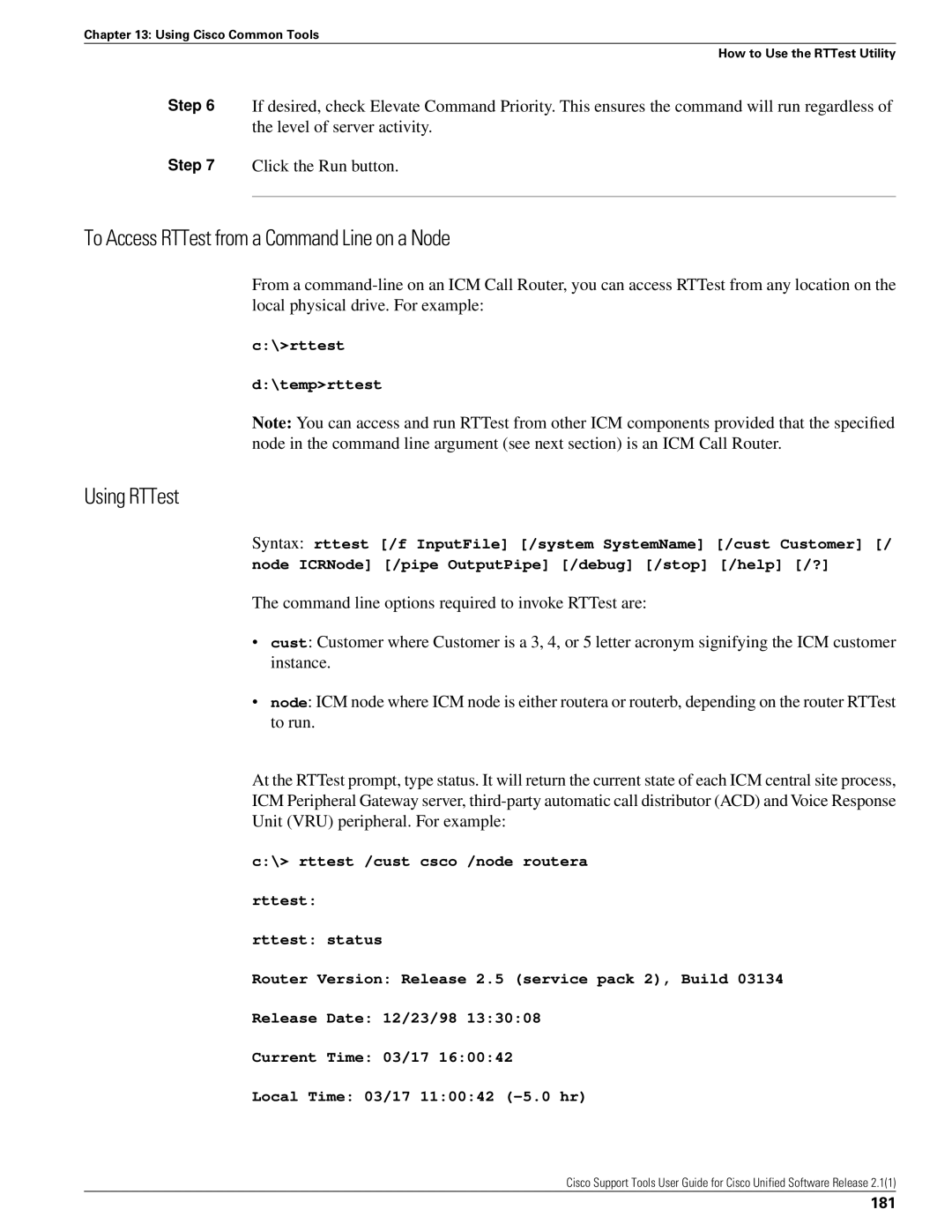 Cisco Systems 2.1(1) manual To Access RTTest from a Command Line on a Node, Using RTTest, 181 