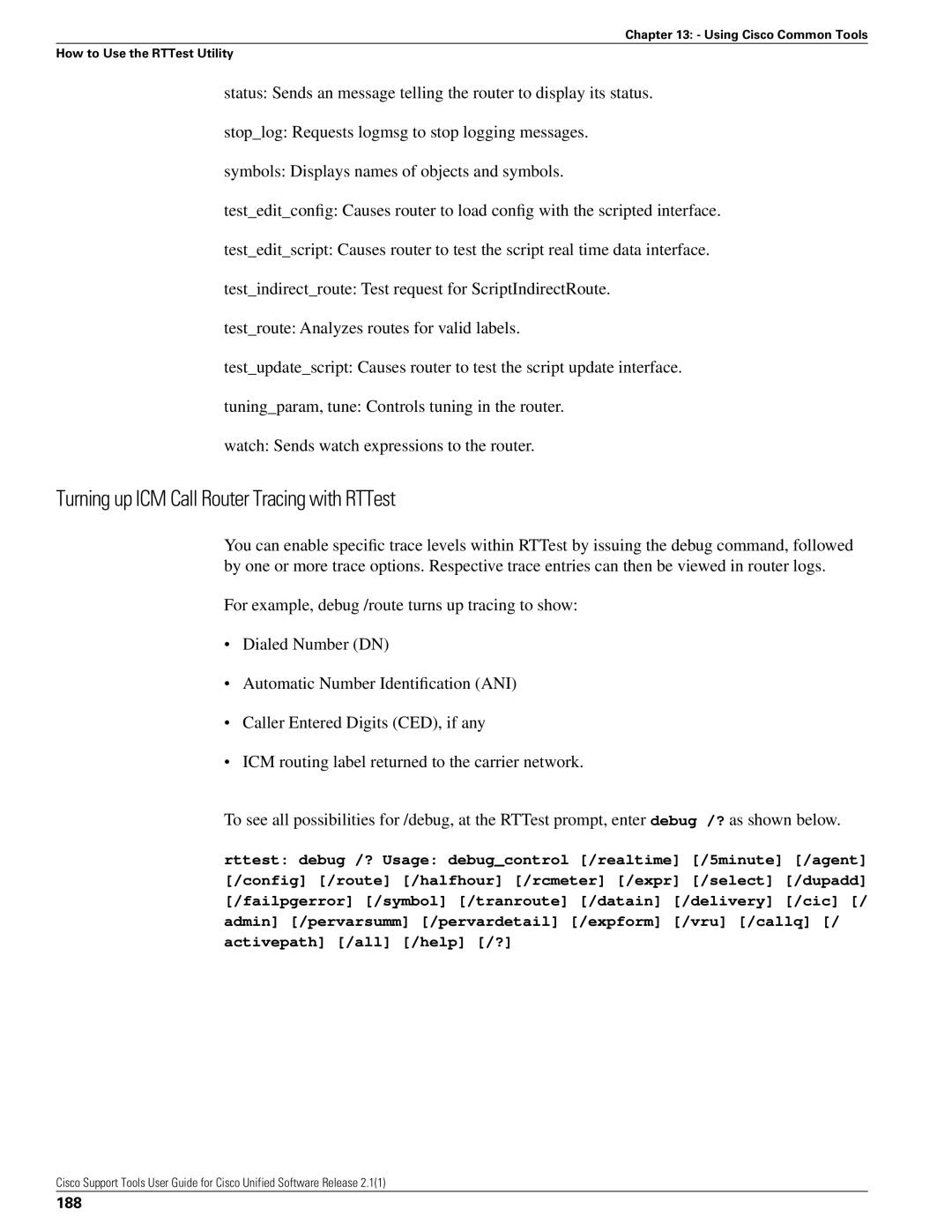 Cisco Systems 2.1(1) manual Turning up ICM Call Router Tracing with RTTest, 188 