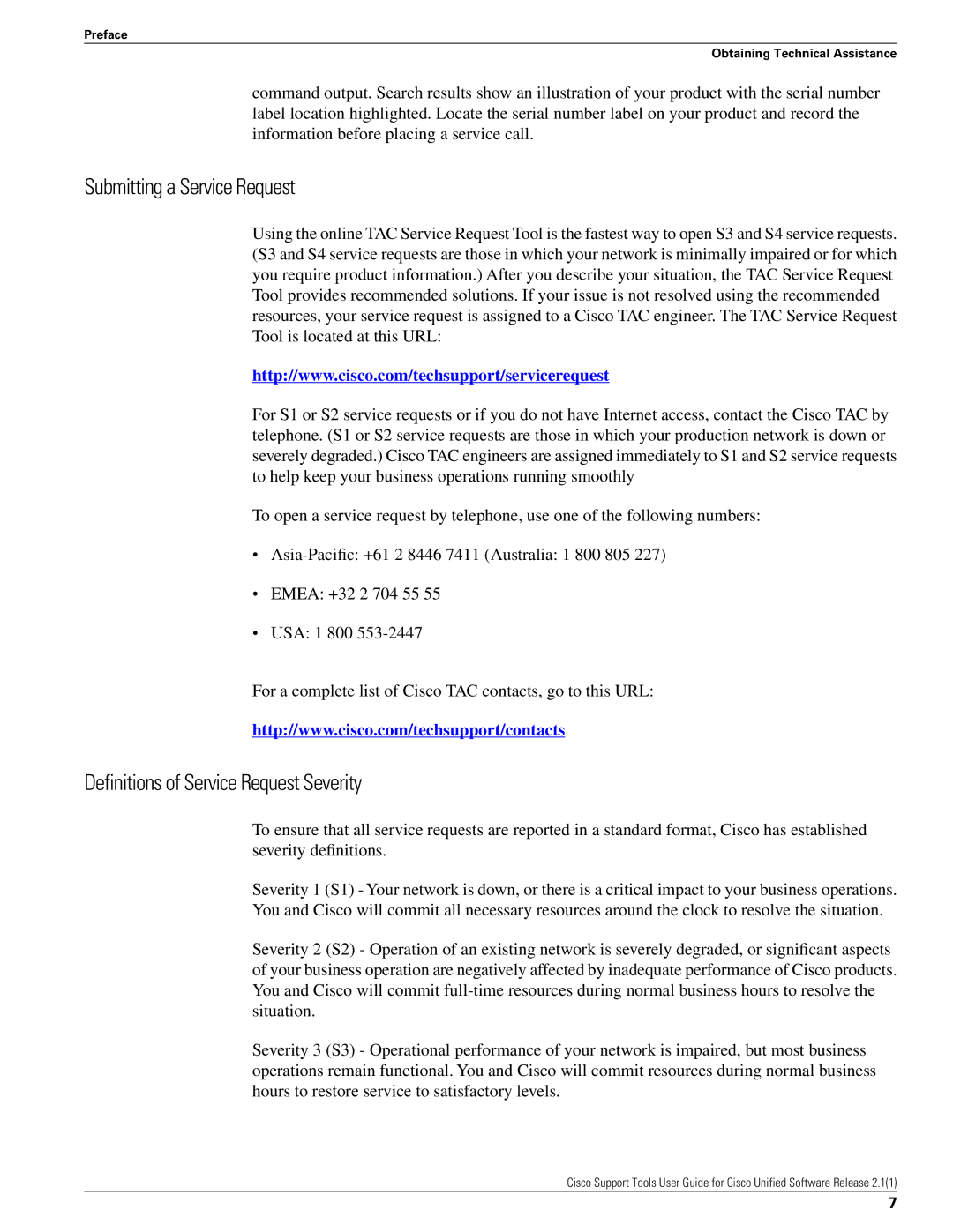 Cisco Systems 2.1(1) manual Submitting a Service Request, Definitions of Service Request Severity 
