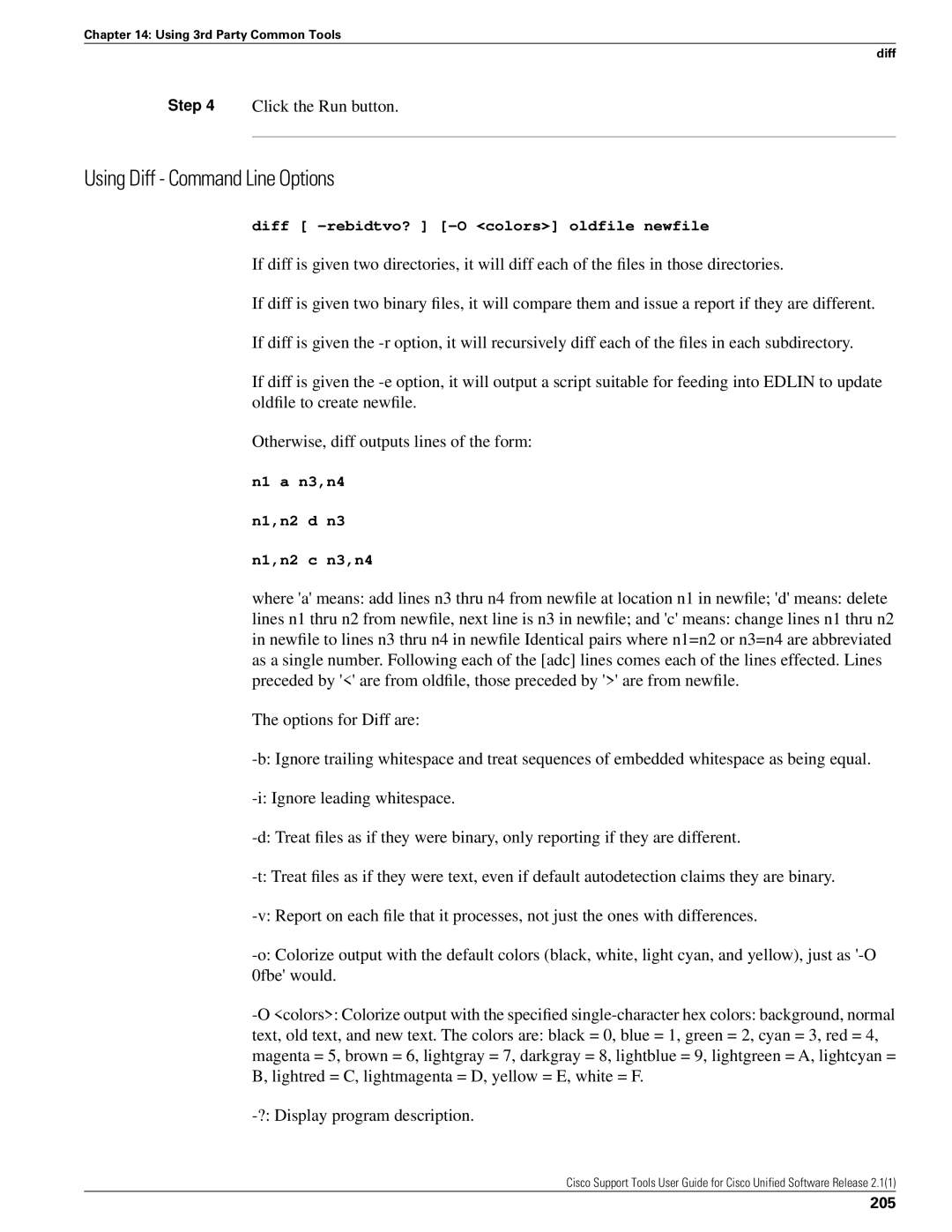 Cisco Systems 2.1(1) manual Using Diff Command Line Options, 205 