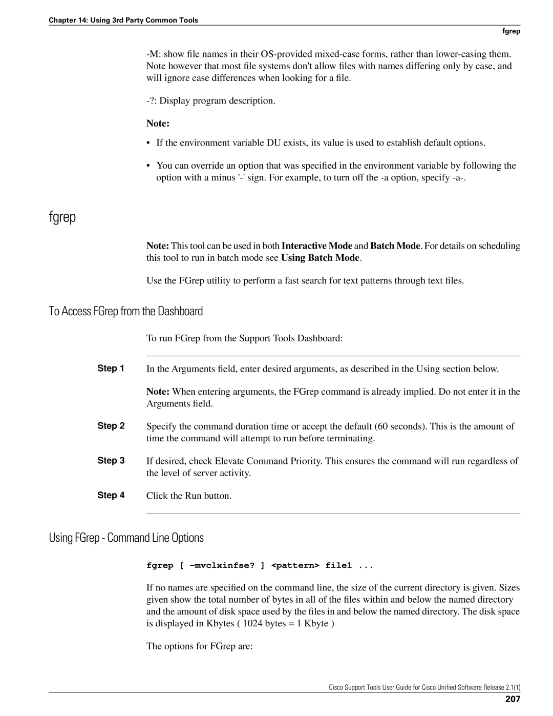 Cisco Systems 2.1(1) manual Fgrep, To Access FGrep from the Dashboard, Using FGrep Command Line Options, 207 