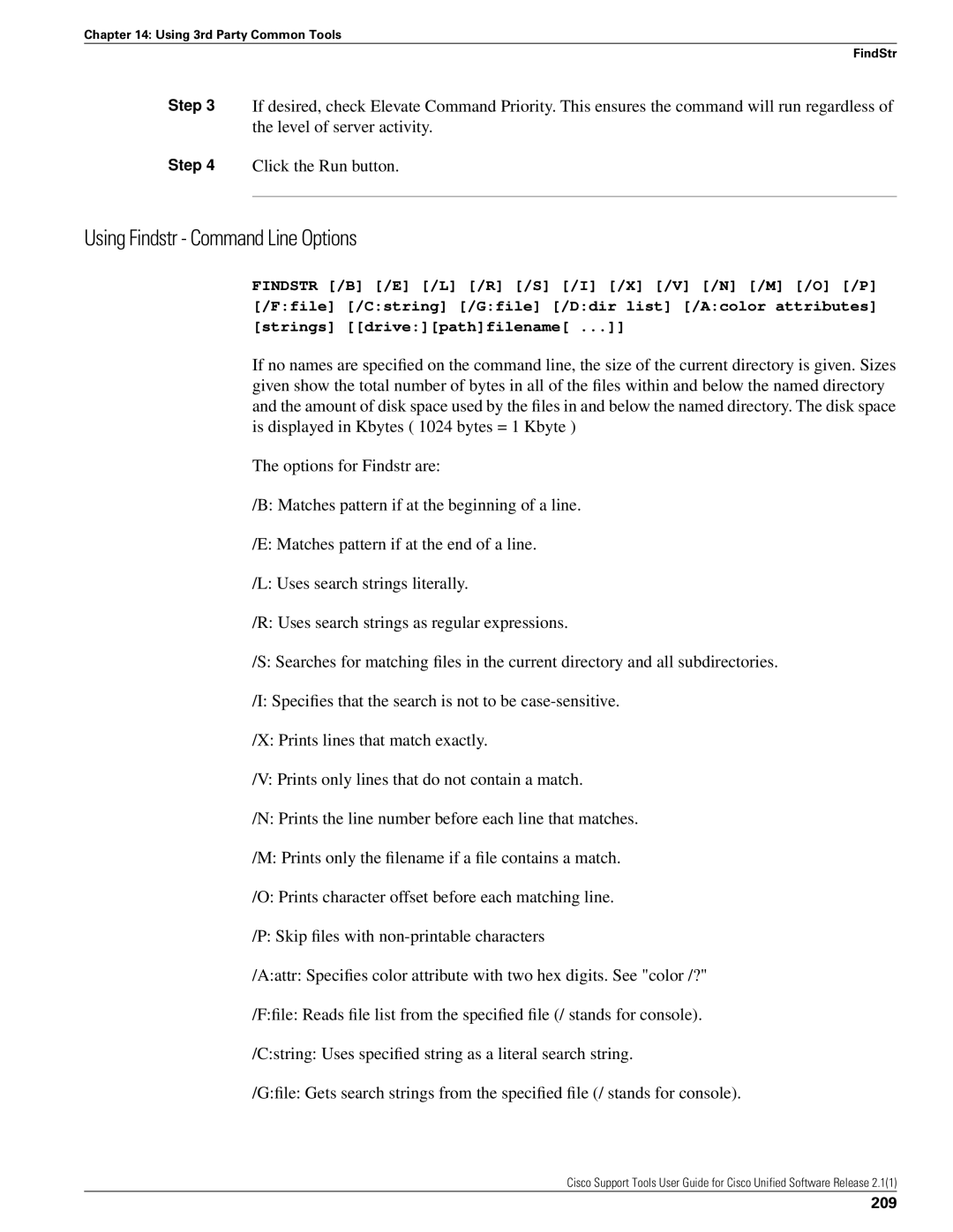 Cisco Systems 2.1(1) manual Using Findstr Command Line Options, 209 