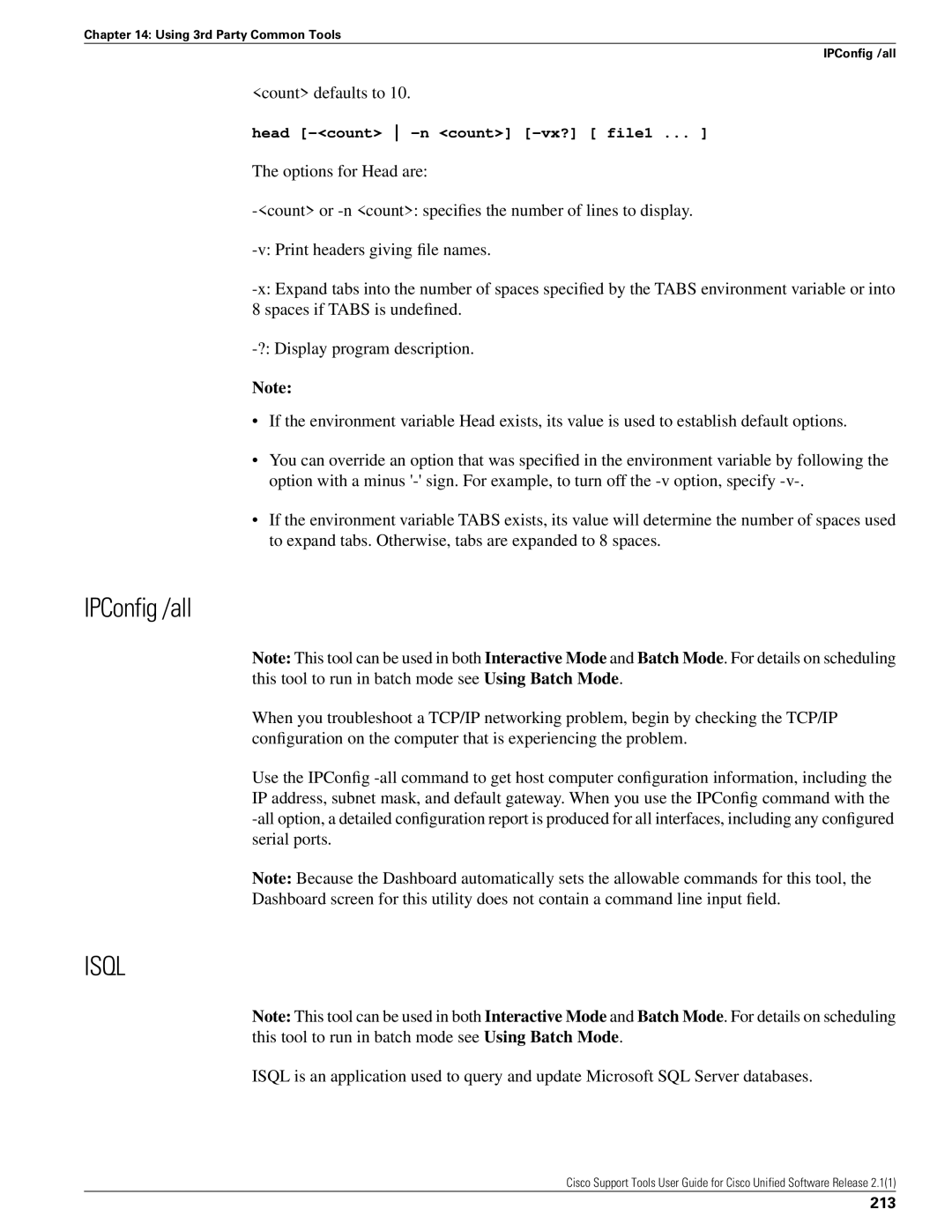 Cisco Systems 2.1(1) manual IPConfig /all, Count defaults to, 213 