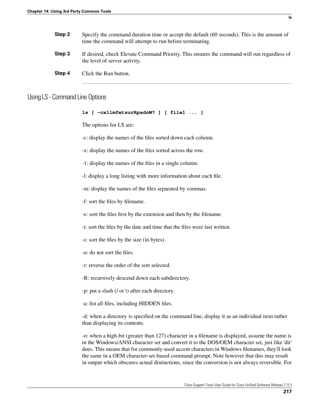 Cisco Systems 2.1(1) manual Using LS Command Line Options, 217 