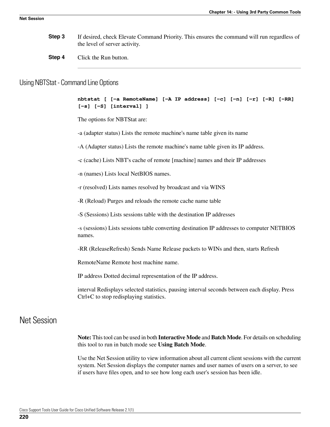 Cisco Systems 2.1(1) manual Net Session, Using NBTStat Command Line Options, 220 