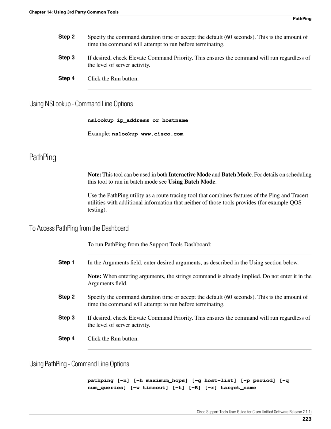 Cisco Systems 2.1(1) manual Using NSLookup Command Line Options, To Access PathPing from the Dashboard, 223 