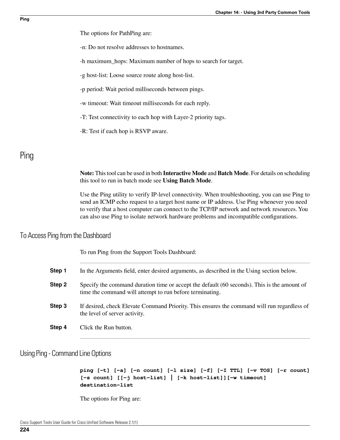 Cisco Systems 2.1(1) To Access Ping from the Dashboard, Using Ping Command Line Options, Options for Ping are, 224 