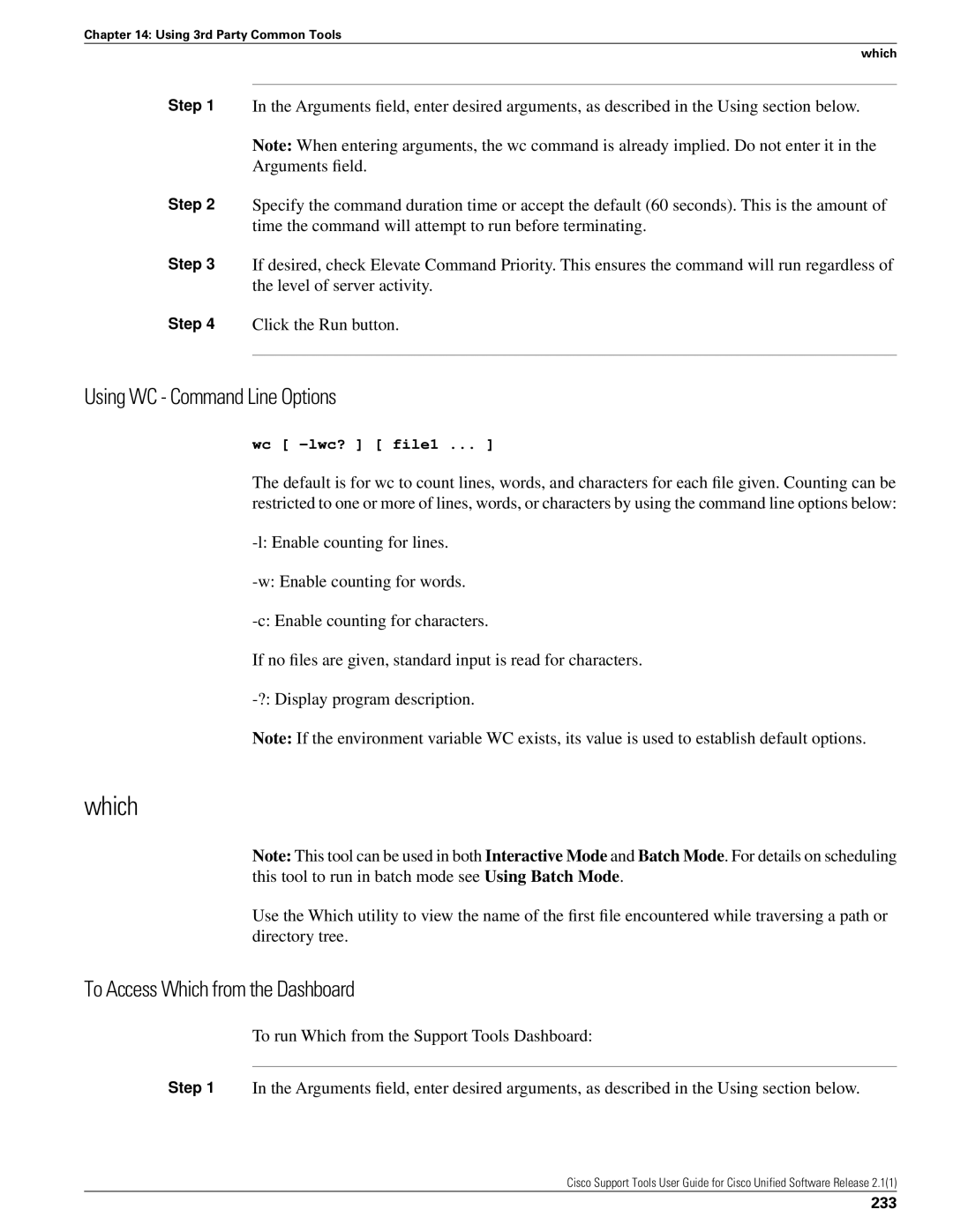 Cisco Systems 2.1(1) manual Using WC Command Line Options, To Access Which from the Dashboard, 233 