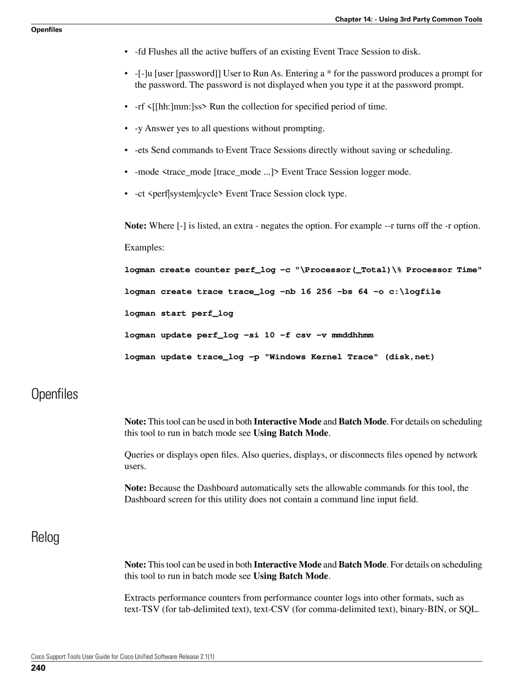 Cisco Systems 2.1(1) manual Openfiles, Relog, 240 