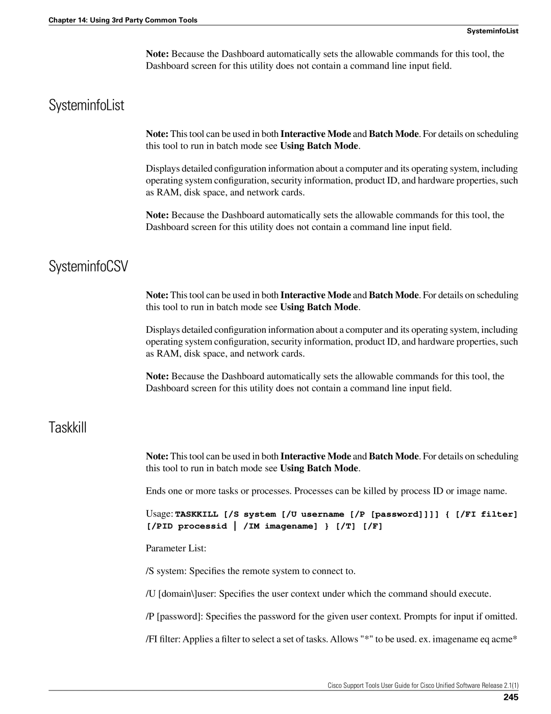 Cisco Systems 2.1(1) manual SysteminfoList, SysteminfoCSV, Taskkill, 245 