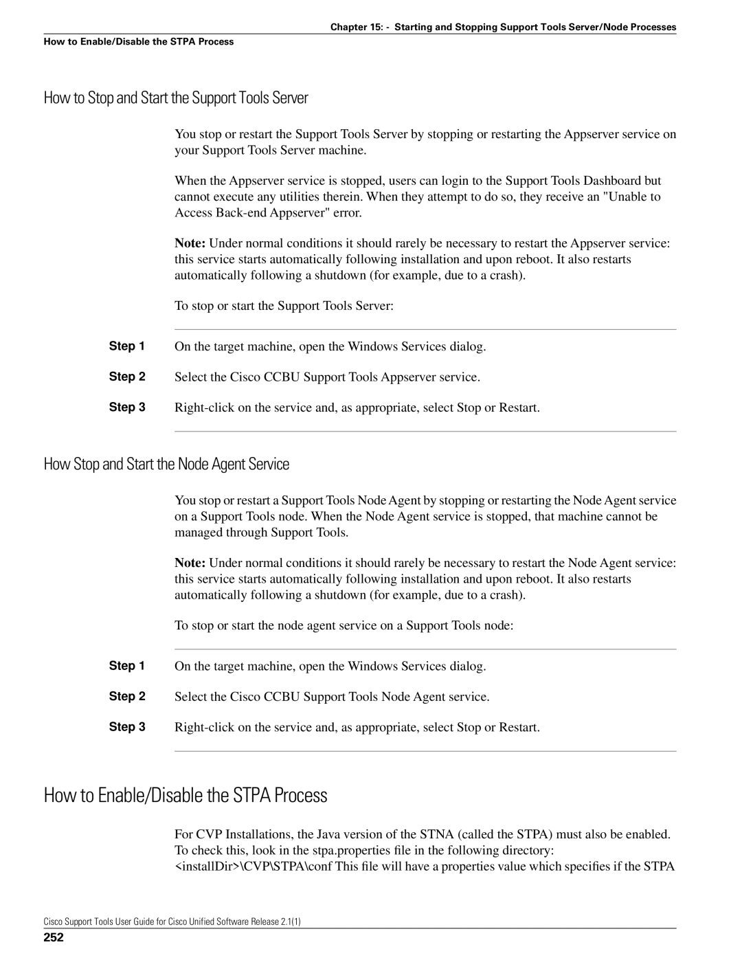 Cisco Systems 2.1(1) manual How to Enable/Disable the Stpa Process, How to Stop and Start the Support Tools Server, 252 