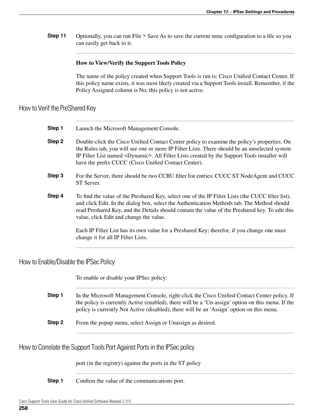 Cisco Systems 2.1(1) manual How to Verif the PreShared Key, How to Enable/Disable the IPSec Policy, 258 