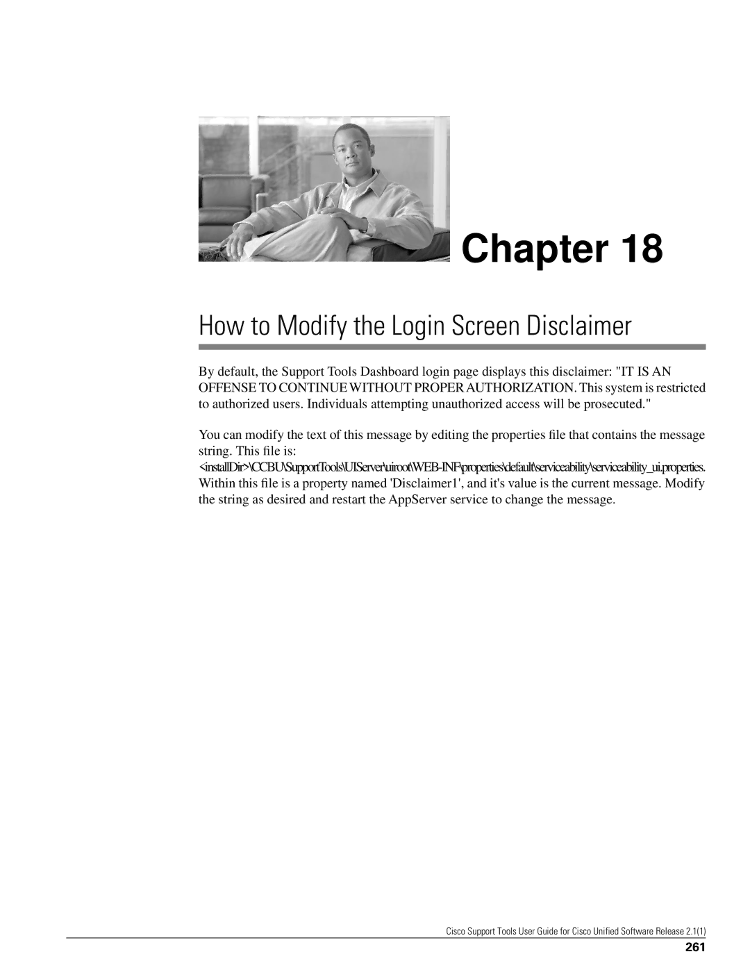 Cisco Systems 2.1(1) manual How to Modify the Login Screen Disclaimer, 261 