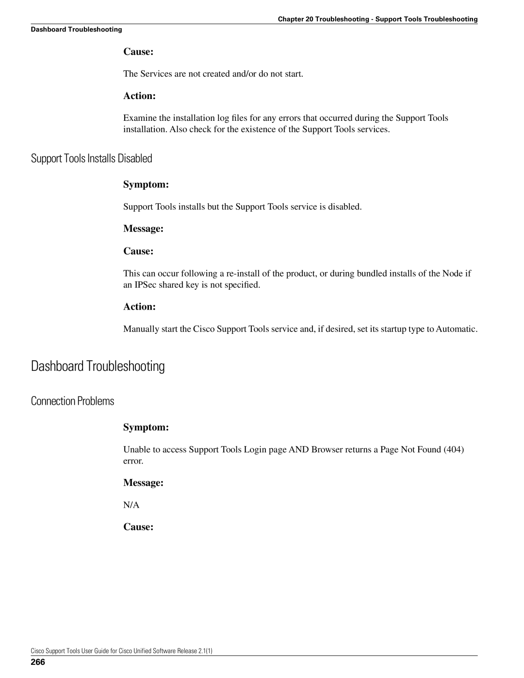 Cisco Systems 2.1(1) manual Dashboard Troubleshooting, Support Tools Installs Disabled, Connection Problems, 266 