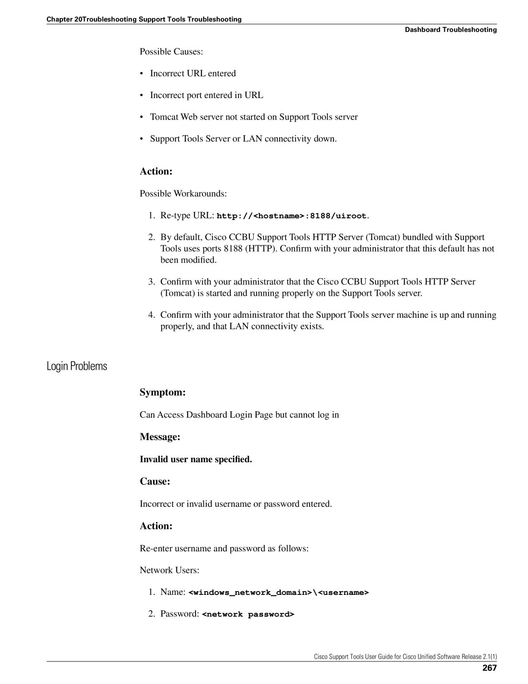 Cisco Systems 2.1(1) manual Login Problems, Possible Workarounds, Can Access Dashboard Login Page but cannot log 