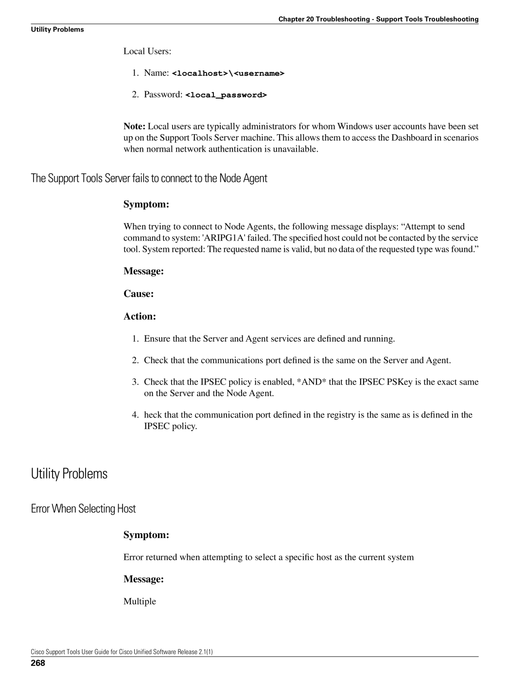 Cisco Systems 2.1(1) Utility Problems, Support Tools Server fails to connect to the Node Agent, Error When Selecting Host 