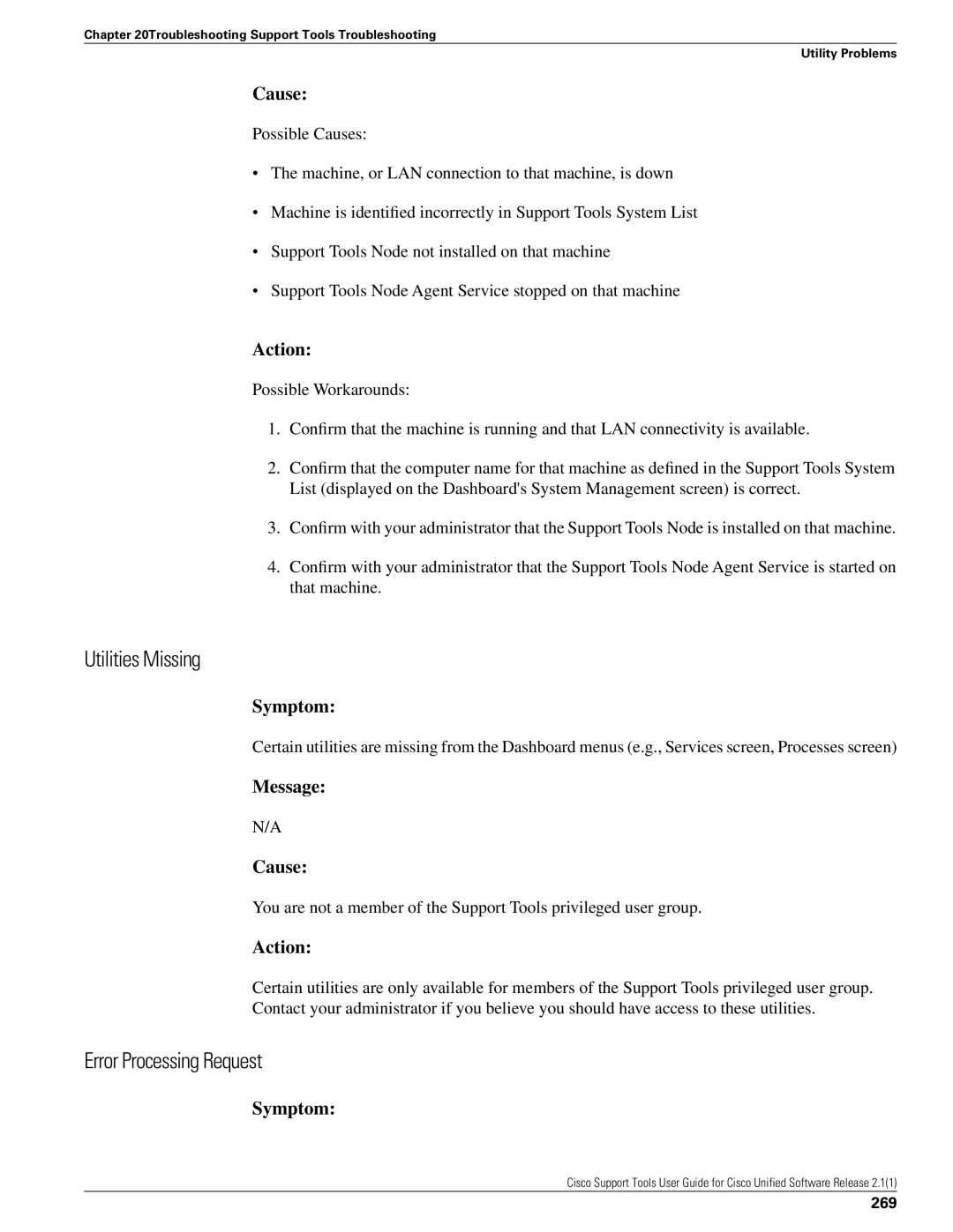 Cisco Systems 2.1(1) manual Utilities Missing, Error Processing Request, 269 