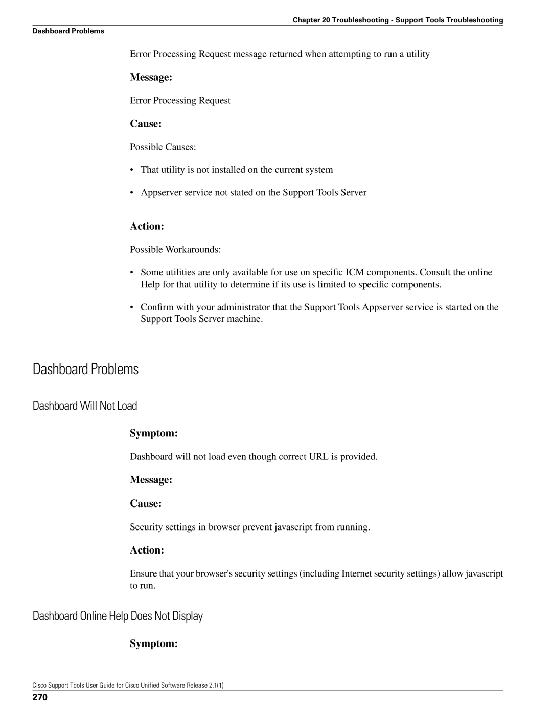 Cisco Systems 2.1(1) manual Dashboard Problems, Dashboard Will Not Load, Dashboard Online Help Does Not Display 