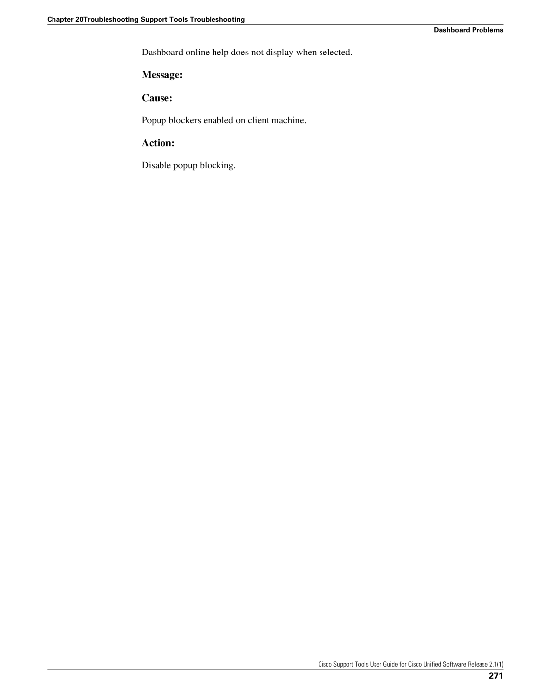 Cisco Systems 2.1(1) Dashboard online help does not display when selected, Popup blockers enabled on client machine, 271 