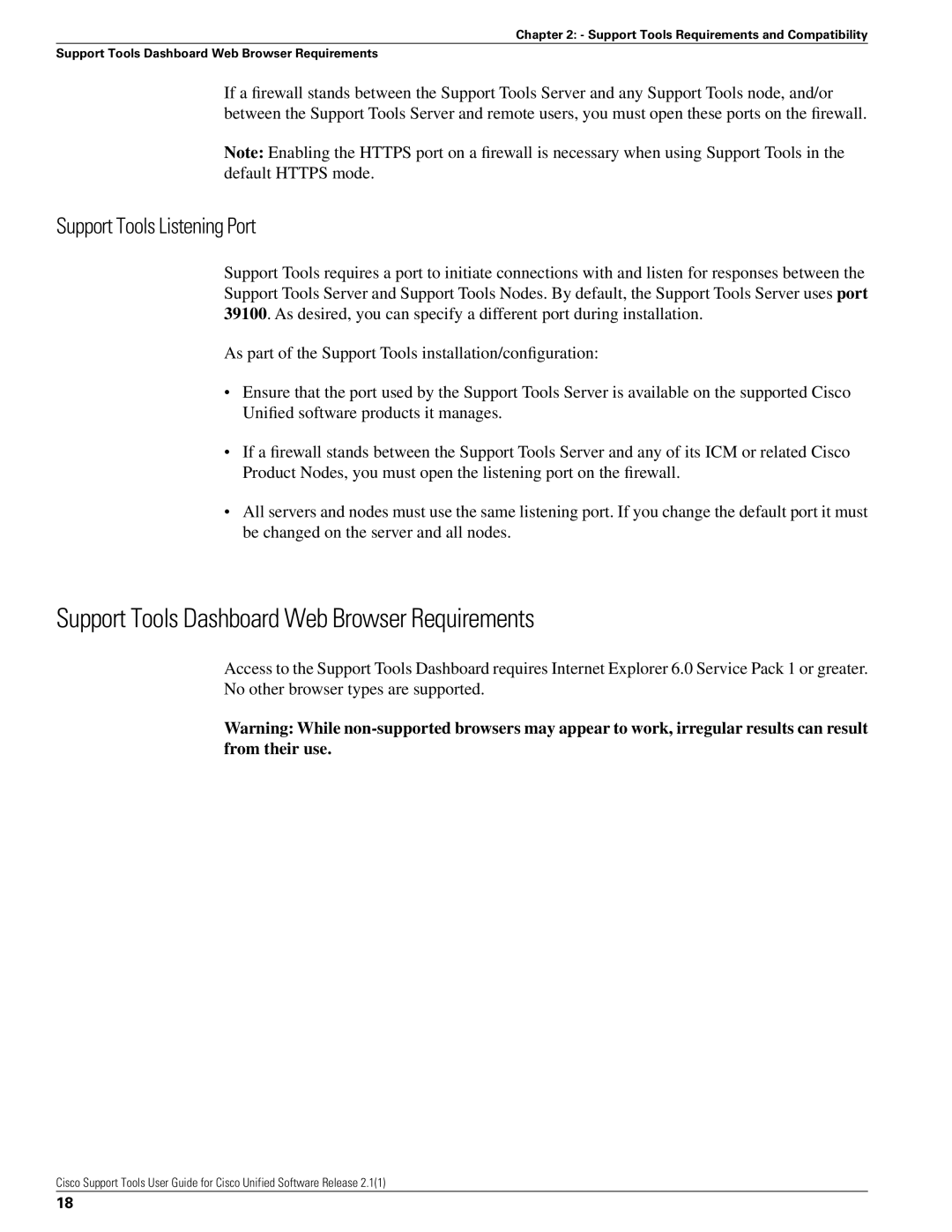 Cisco Systems 2.1(1) manual Support Tools Dashboard Web Browser Requirements, Support Tools Listening Port 