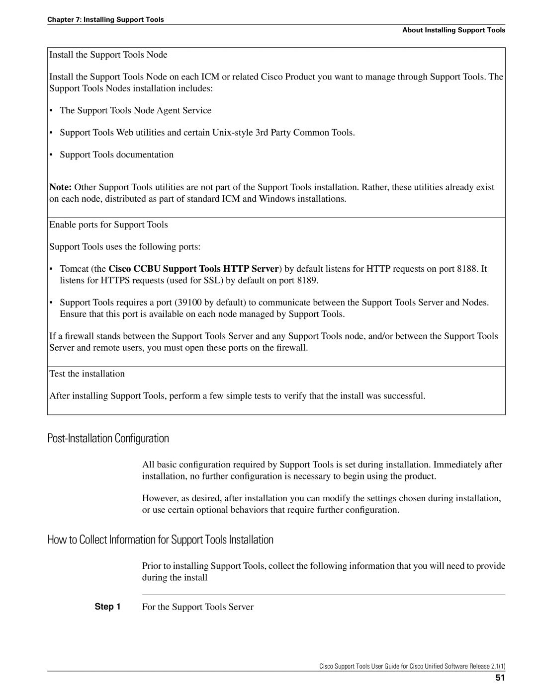 Cisco Systems 2.1(1) manual Post-Installation Configuration, How to Collect Information for Support Tools Installation 