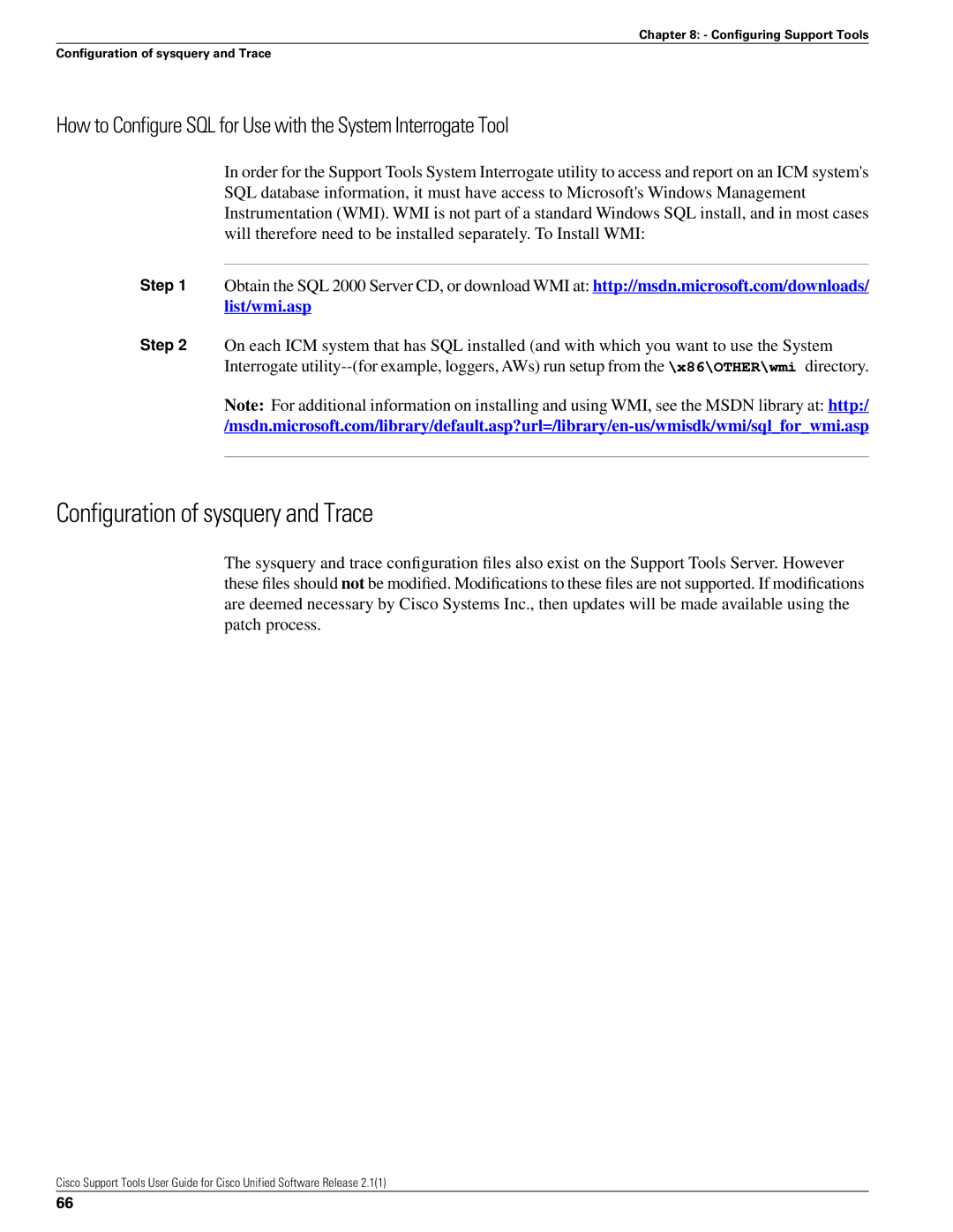 Cisco Systems 2.1(1) manual Configuration of sysquery and Trace, List/wmi.asp 