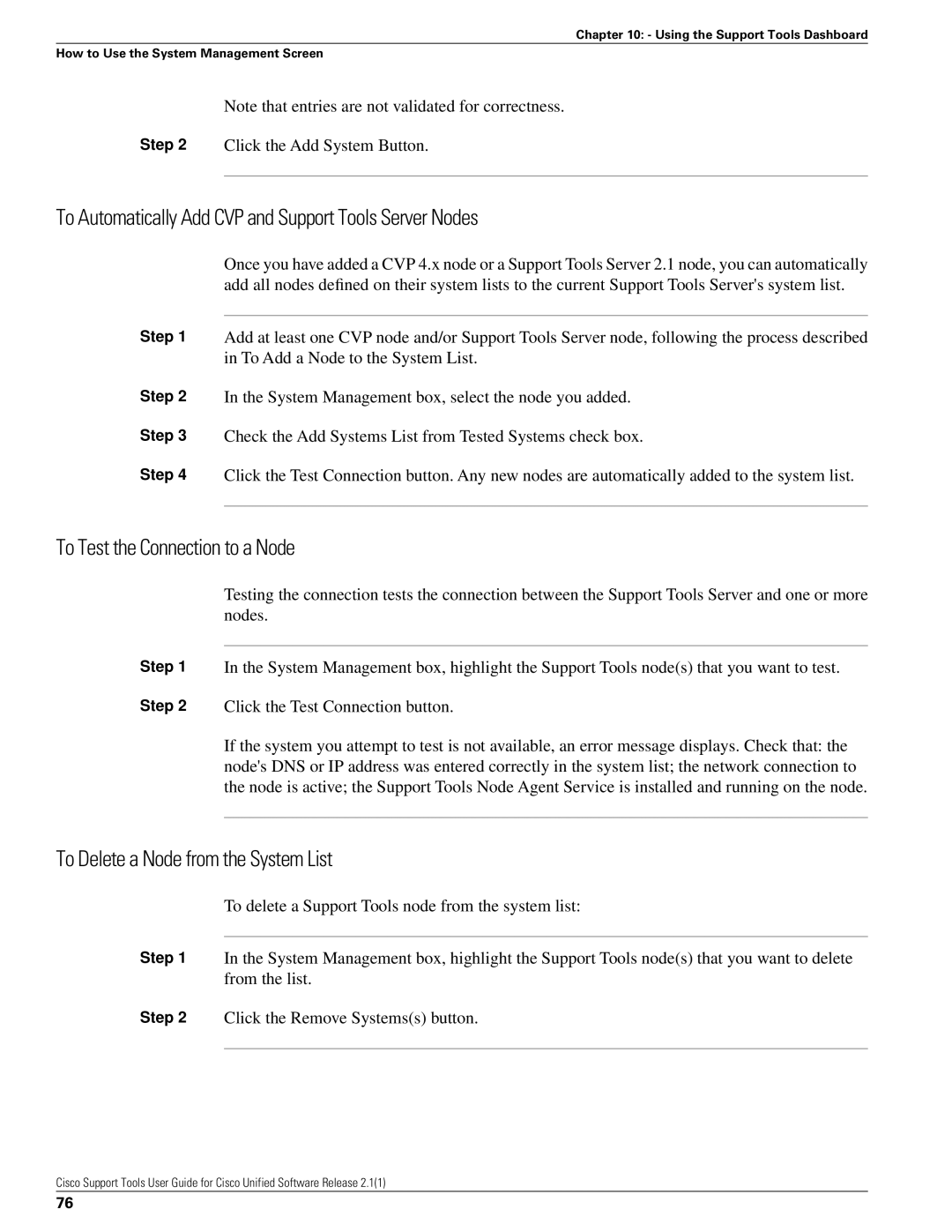 Cisco Systems 2.1(1) manual To Automatically Add CVP and Support Tools Server Nodes, To Test the Connection to a Node 