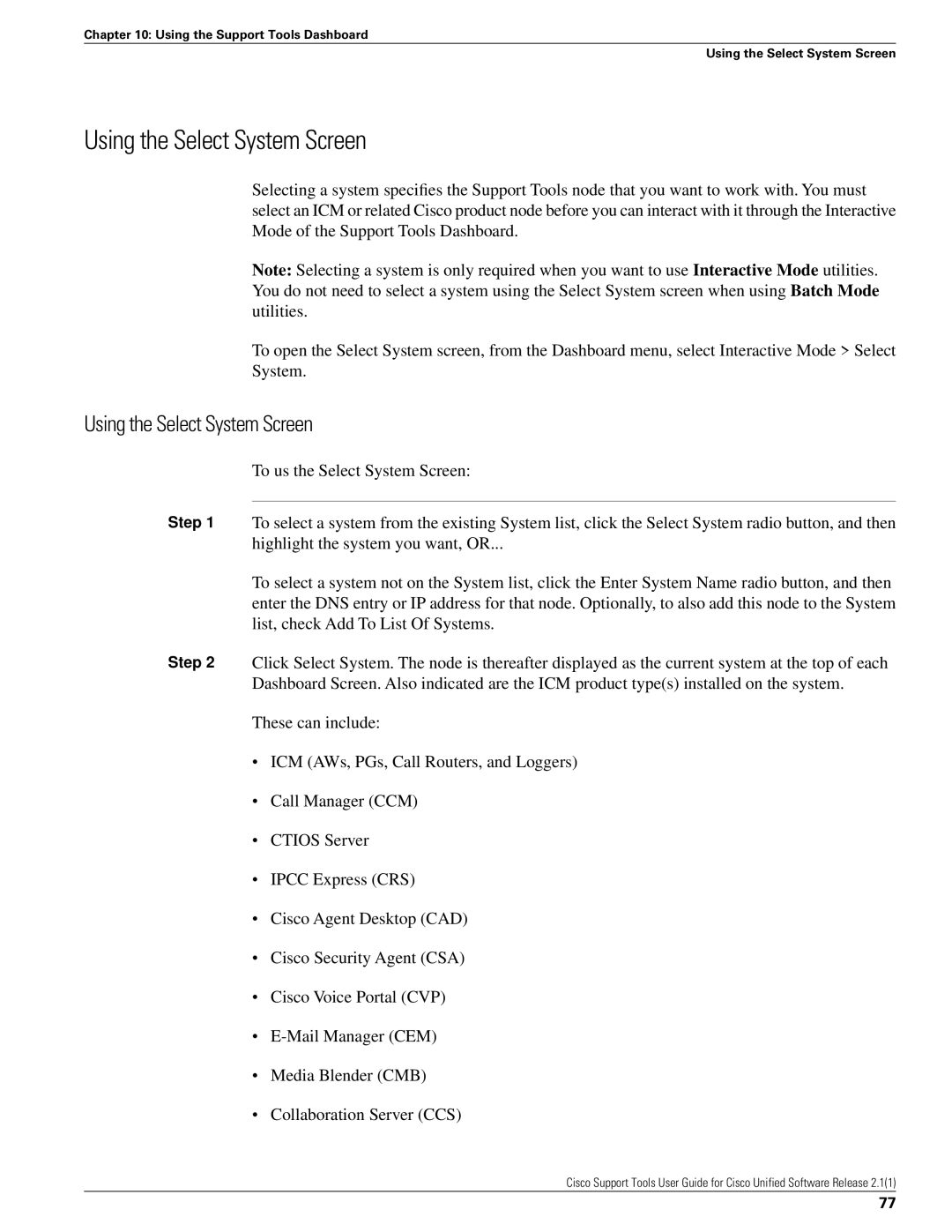 Cisco Systems 2.1(1) manual Using the Select System Screen 