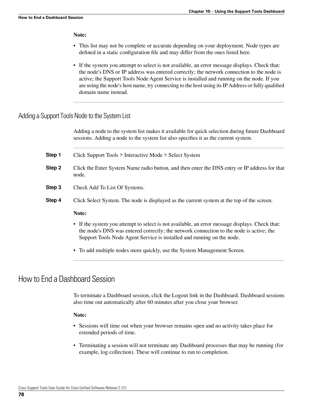 Cisco Systems 2.1(1) manual How to End a Dashboard Session, Adding a Support Tools Node to the System List 