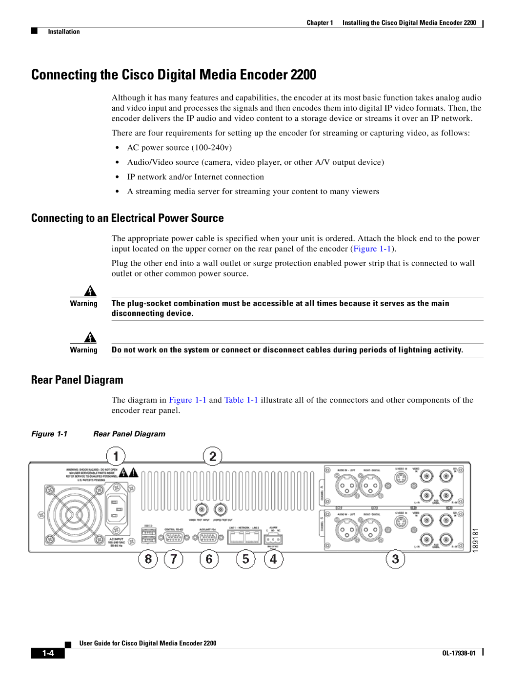 Cisco Systems 2200 manual Connecting the Cisco Digital Media Encoder, Connecting to an Electrical Power Source 