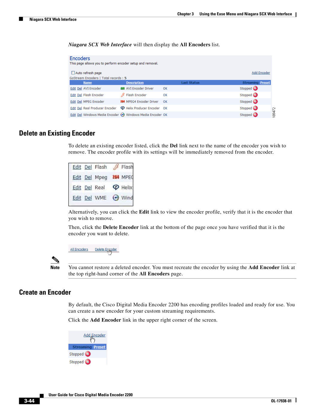 Cisco Systems 2200 manual Delete an Existing Encoder, Create an Encoder 